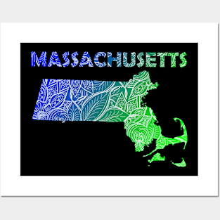 Colorful mandala art map of Massachusetts with text in blue and green Posters and Art